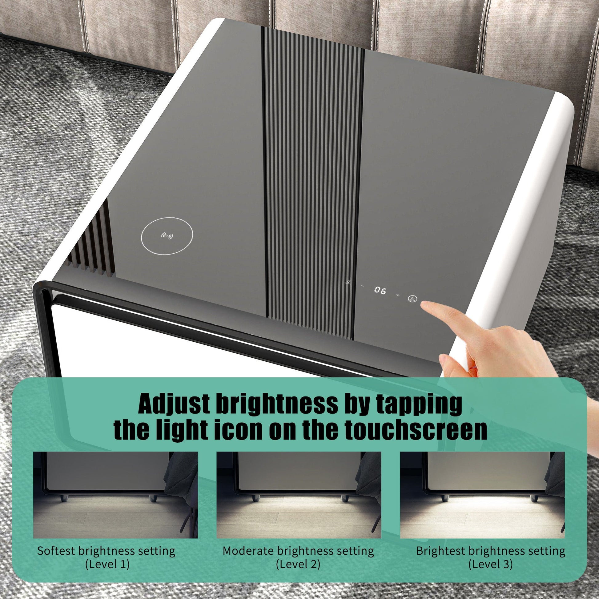 Modern Smart Side Table with Built-in Fridge, Wireless Charging, Temperature Control, Power Socket, USB Ports, Outlet Protection, Induction Light, White 