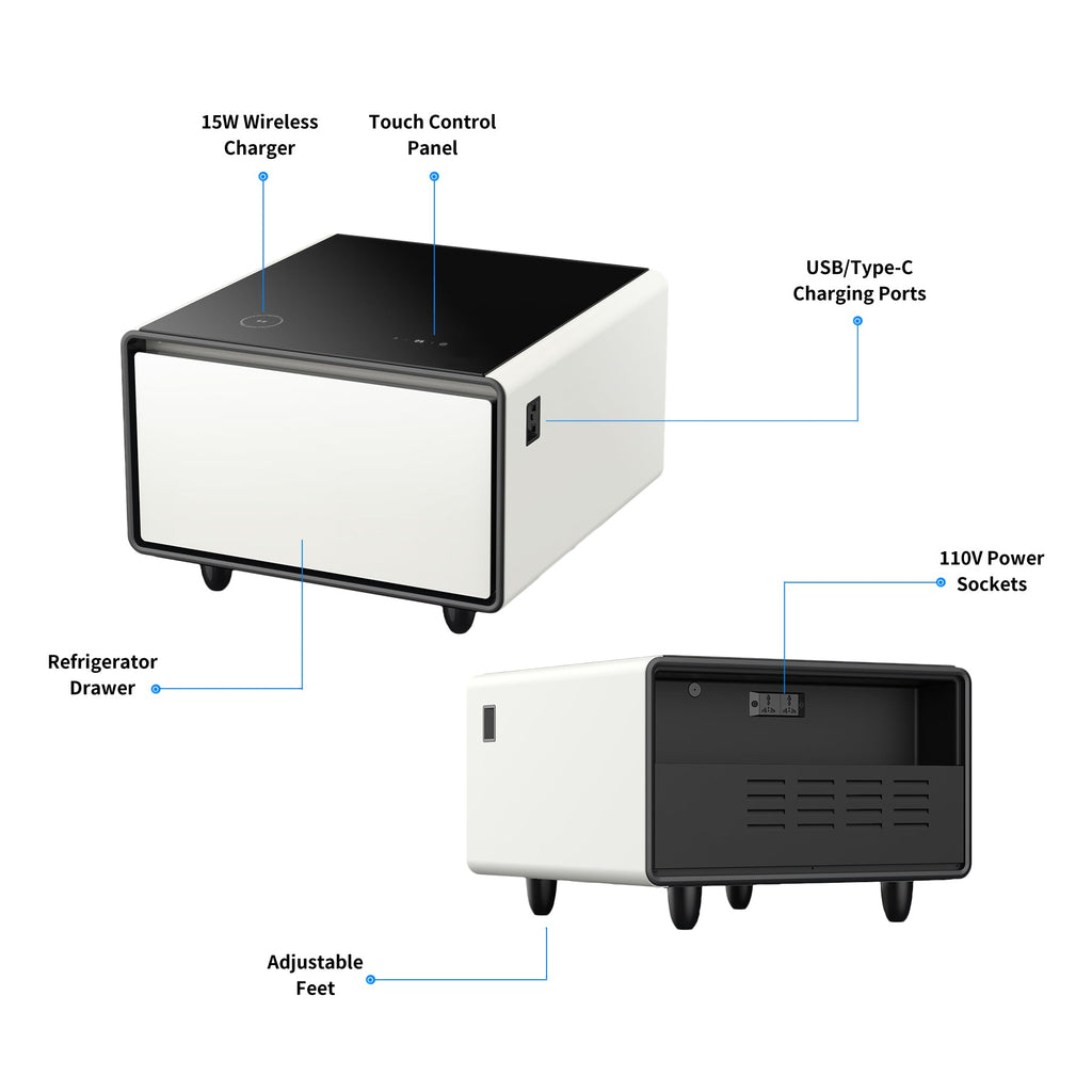 Modern Smart Side Table with Built-in Fridge, Wireless Charging, Temperature Control, Power Socket, USB Ports, Outlet Protection, Induction Light, White 