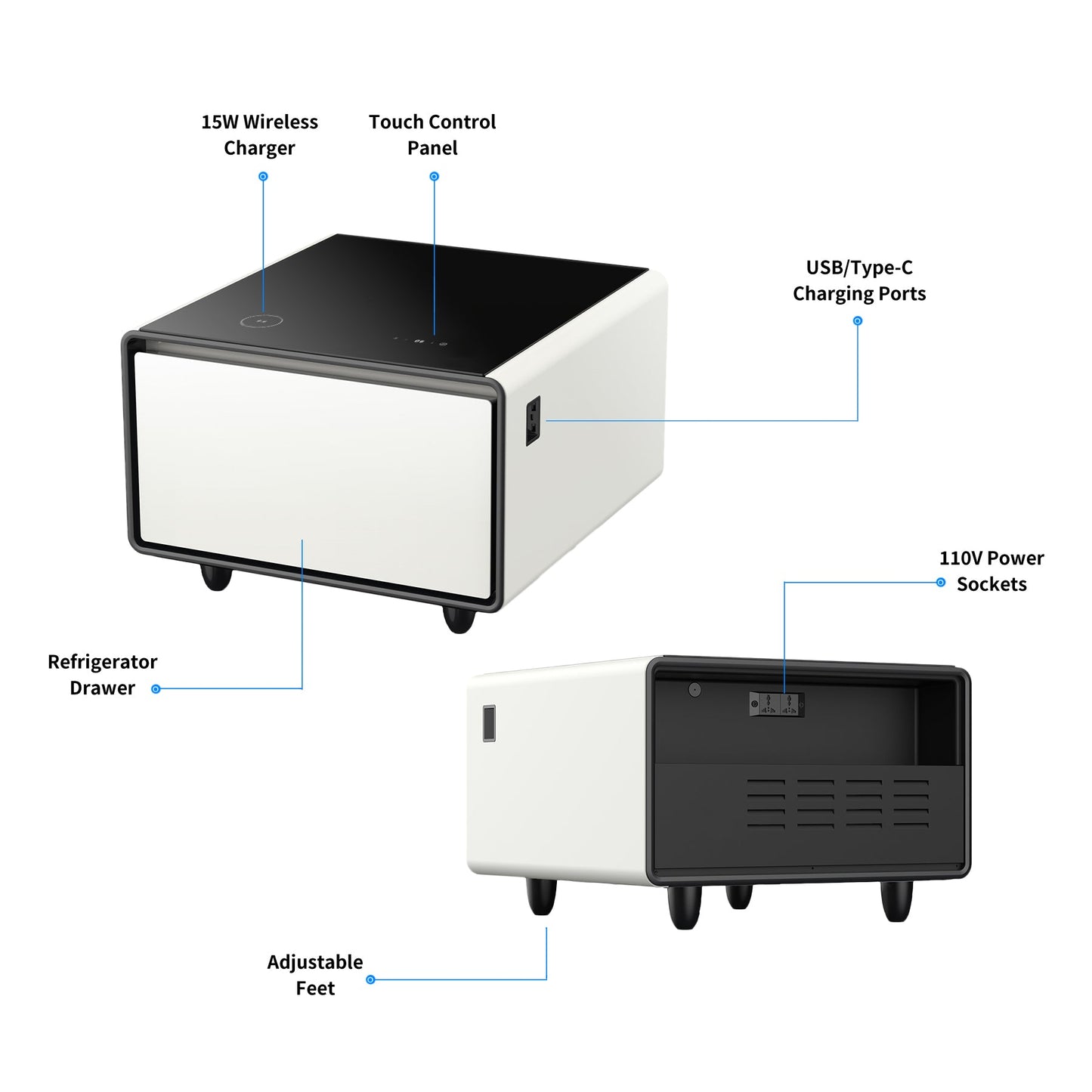 Modern Smart Side Table with Built-in Fridge, Wireless Charging, Temperature Control, Power Socket, USB Ports, Outlet Protection, Induction Light, White 
