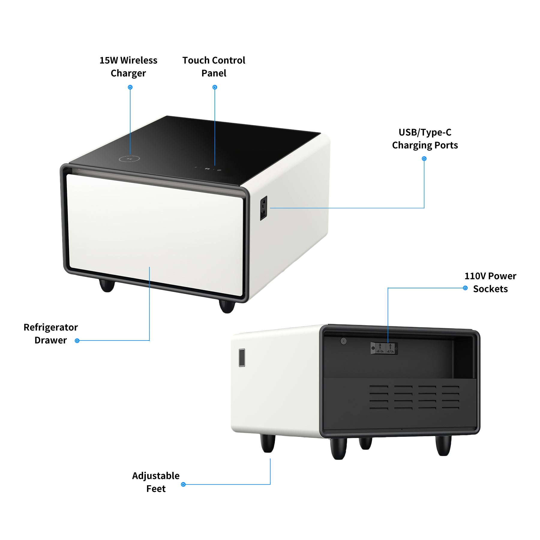 Modern Smart Side Table with Built-in Fridge, Wireless Charging, Temperature Control, Power Socket, USB Ports, Outlet Protection, Induction Light, White 