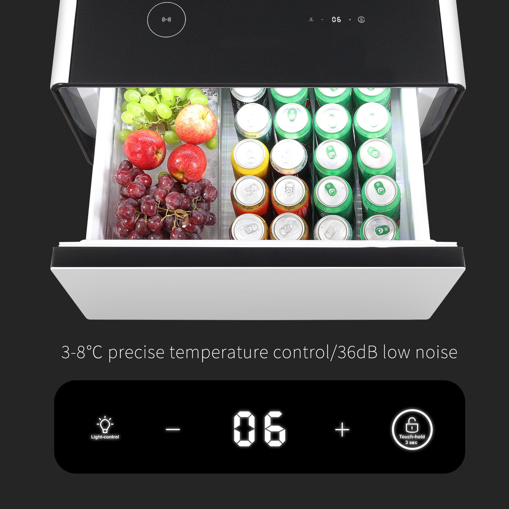 Modern Smart Side Table with Built-in Fridge, Wireless Charging, Temperature Control, Power Socket, USB Ports, Outlet Protection, Induction Light, White 