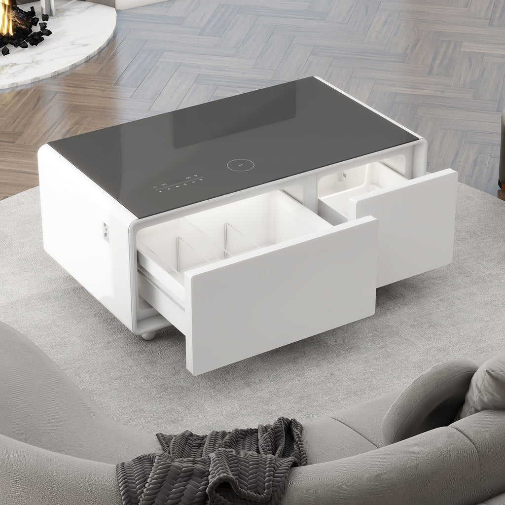 Modern Smart Coffee Table with Built-in Fridge, Bluetooth Speaker, Wireless Charging, Touch Control Panel, USB Ports, Outlet Protection, Atmosphere light, White 