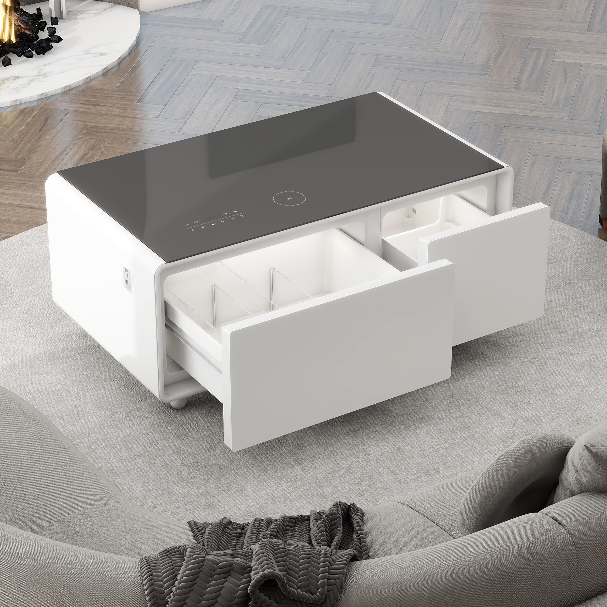 Modern Smart Coffee Table with Built-in Fridge, Bluetooth Speaker, Wireless Charging, Touch Control Panel, USB Ports, Outlet Protection, Atmosphere light, White 