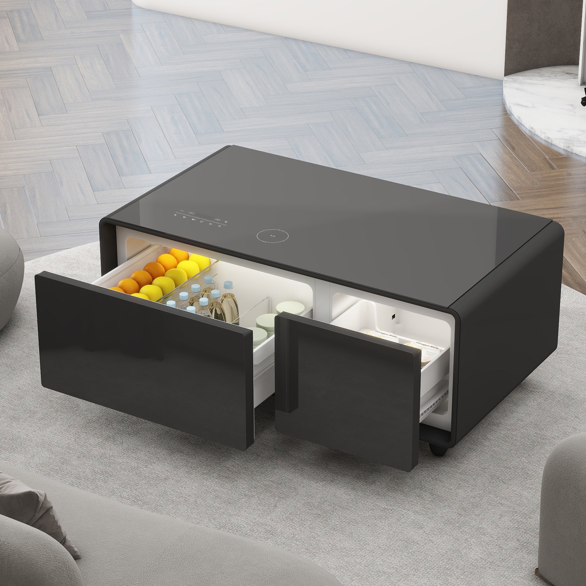 Modern Smart Coffee Table with Built-in Fridge, Bluetooth Speaker, Wireless Charging, Touch Control Panel, USB Interface, Outlet Protection, Atmosphere light, Black 