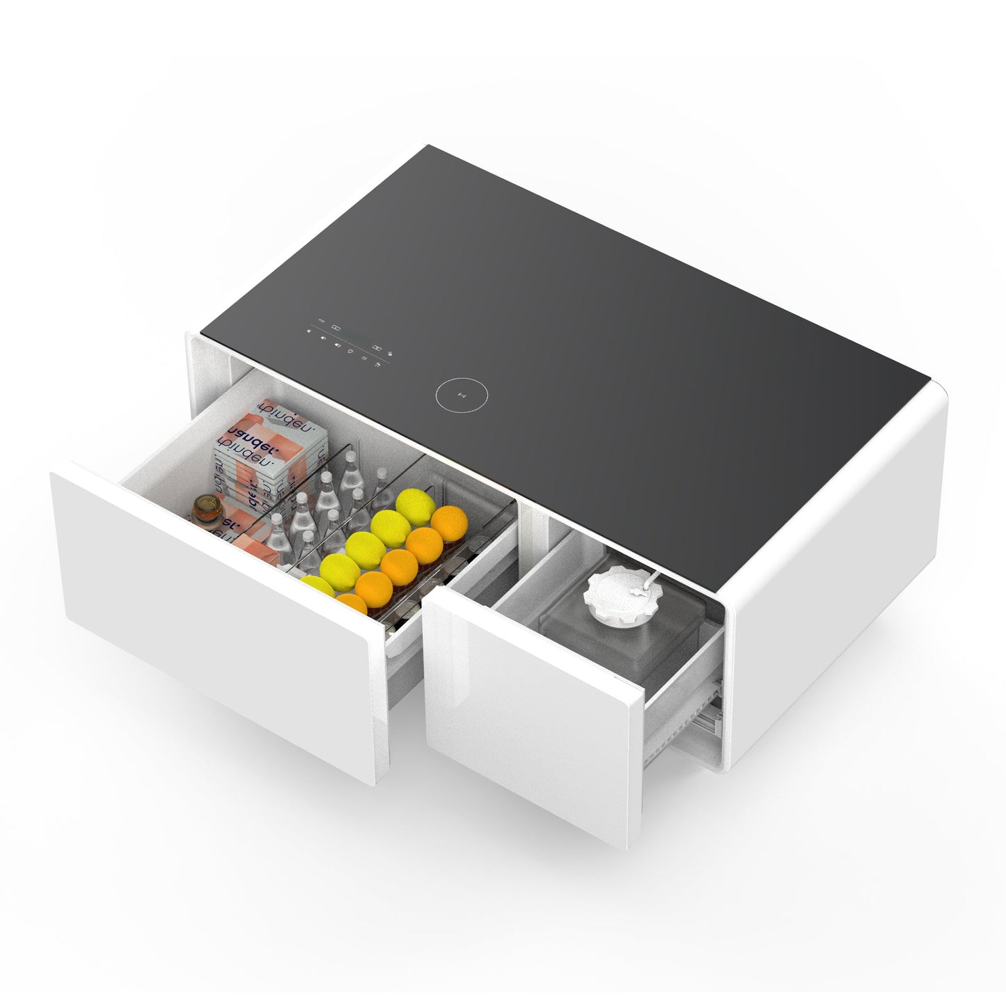 Modern Smart Coffee Table with Built-in Fridge, Bluetooth Speaker, Wireless Charging, Touch Control Panel, USB Ports, Outlet Protection, Atmosphere light, White 