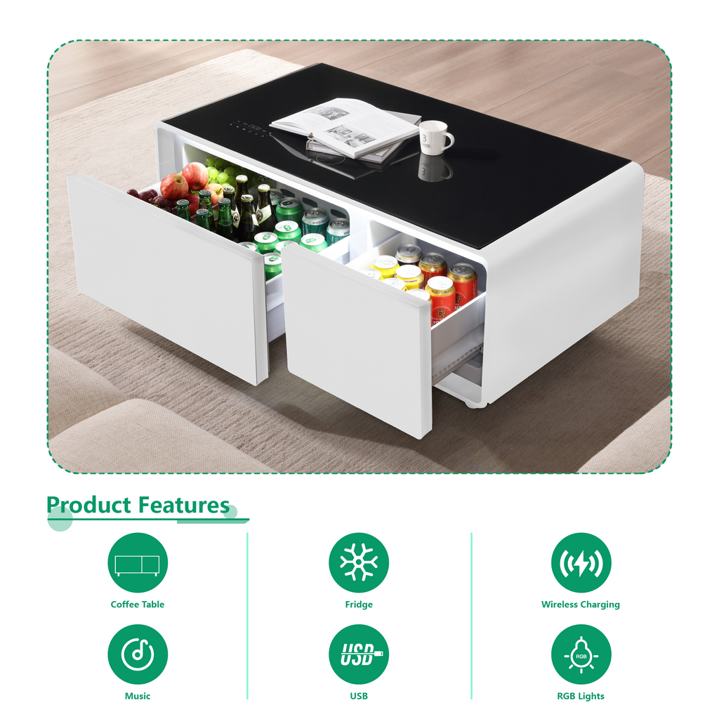 Modern Smart Coffee Table with Built-in Fridge, Bluetooth Speaker, Wireless Charging, Touch Control Panel, USB Ports, Outlet Protection, Atmosphere light, White 