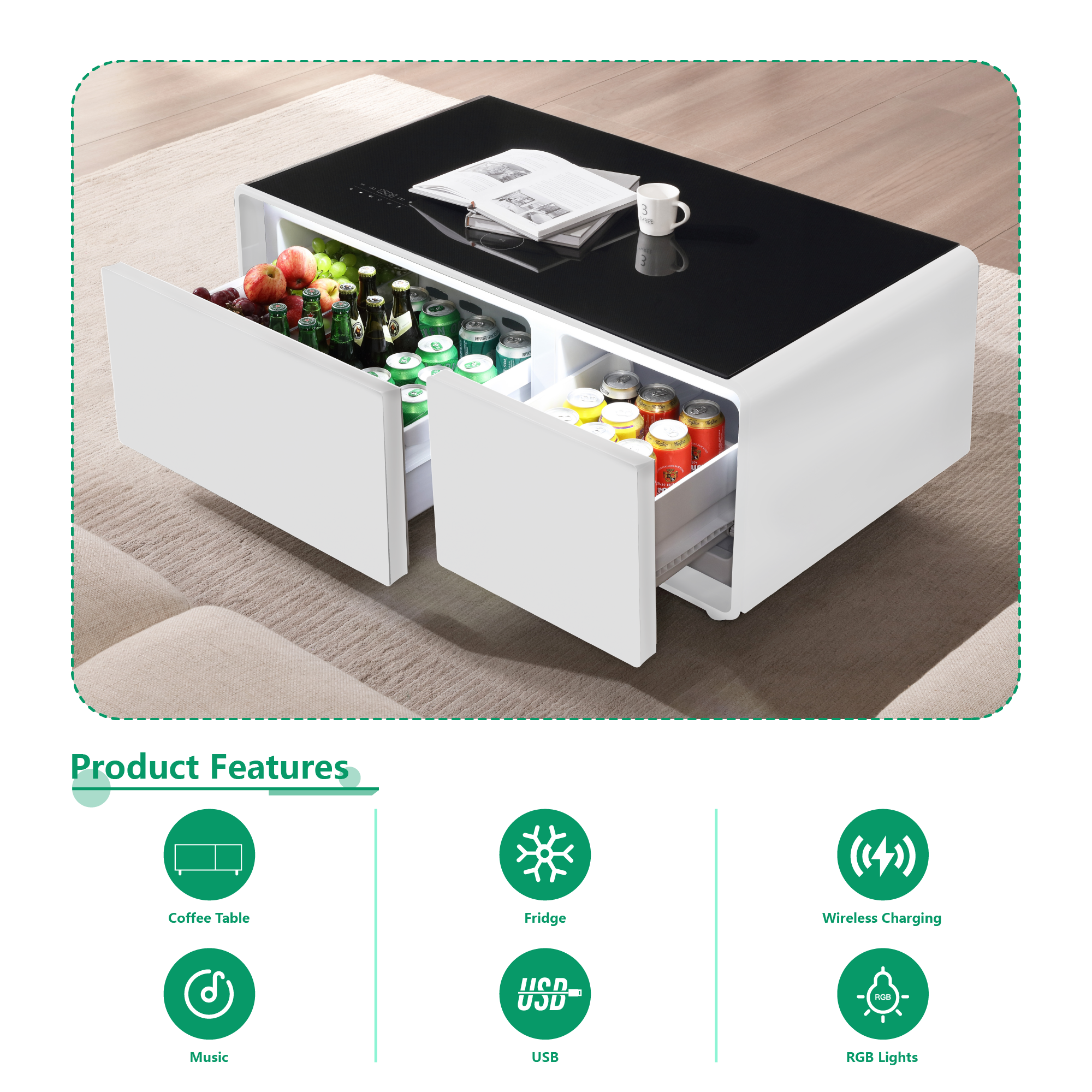 Modern Smart Coffee Table with Built-in Fridge, Bluetooth Speaker, Wireless Charging, Touch Control Panel, USB Ports, Outlet Protection, Atmosphere light, White 