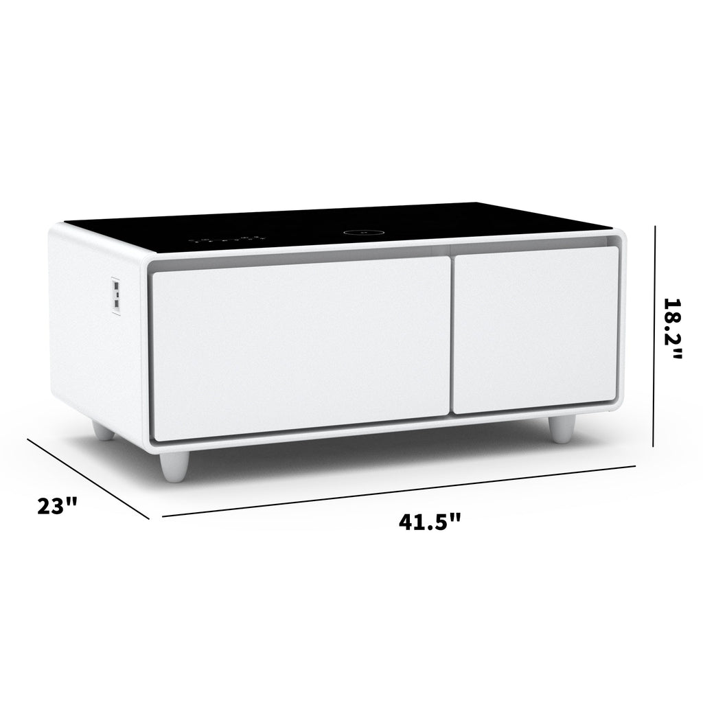 Modern Smart Coffee Table with Built-in Fridge, Bluetooth Speaker, Wireless Charging, Touch Control Panel, USB Ports, Outlet Protection, Atmosphere light, White 