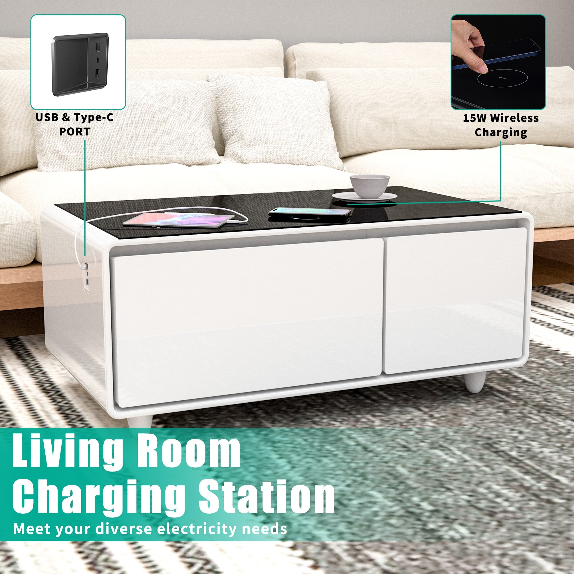 Modern Smart Coffee Table with Built-in Fridge, Bluetooth Speaker, Wireless Charging, Touch Control Panel, USB Ports, Outlet Protection, Atmosphere light, White 