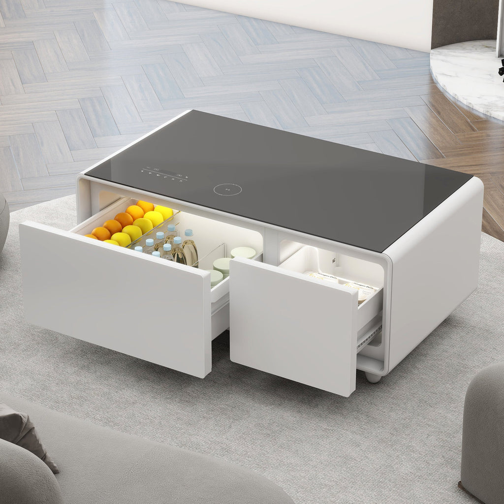 Modern Smart Coffee Table with Built-in Fridge, Bluetooth Speaker, Wireless Charging, Touch Control Panel, USB Ports, Outlet Protection, Atmosphere light, White 