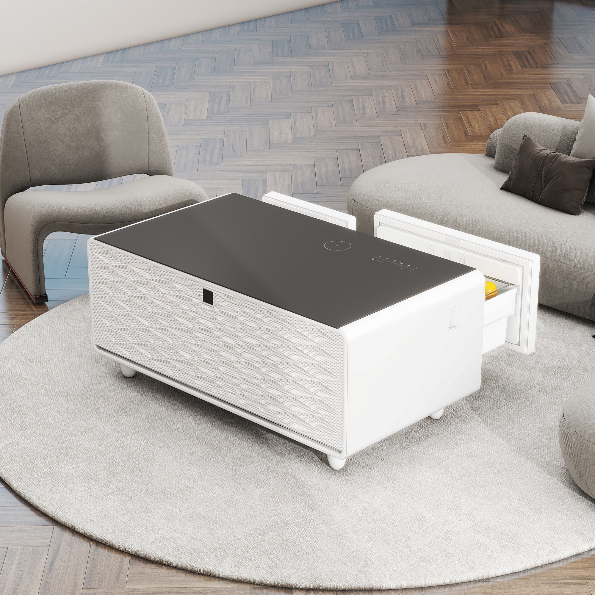 Modern Smart Coffee Table with Built-in Fridge, Bluetooth Speaker, Wireless Charging, Touch Control Panel, USB Ports, Outlet Protection, Atmosphere light, White 