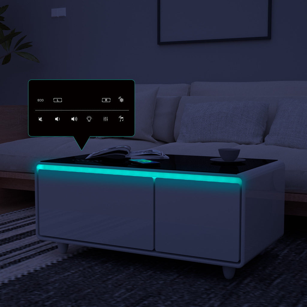 Modern Smart Coffee Table with Built-in Fridge, Bluetooth Speaker, Wireless Charging, Touch Control Panel, USB Ports, Outlet Protection, Atmosphere light, White 