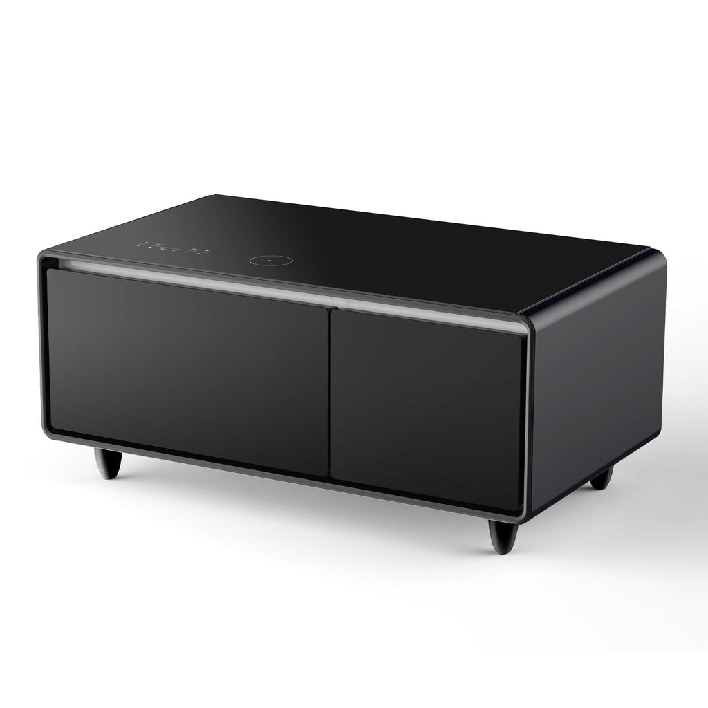 Modern Smart Coffee Table with Built-in Fridge, Bluetooth Speaker, Wireless Charging, Touch Control Panel, USB Interface, Outlet Protection, Atmosphere light, Black 