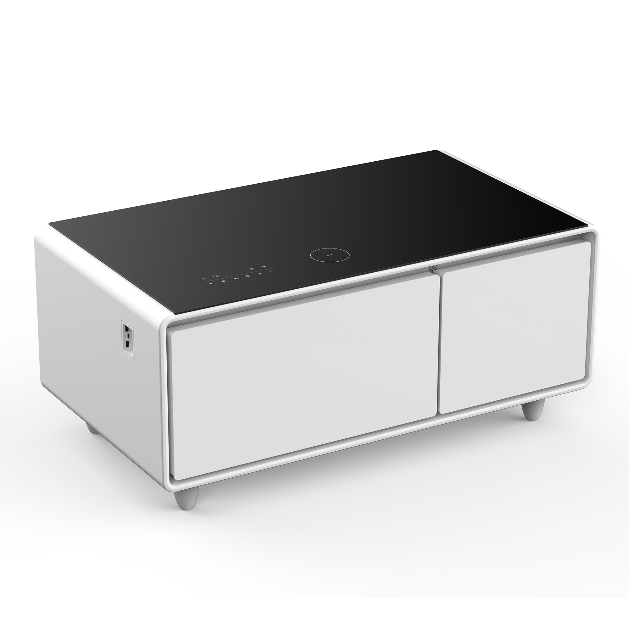 Modern Smart Coffee Table with Built-in Fridge, Bluetooth Speaker, Wireless Charging, Touch Control Panel, USB Ports, Outlet Protection, Atmosphere light, White 