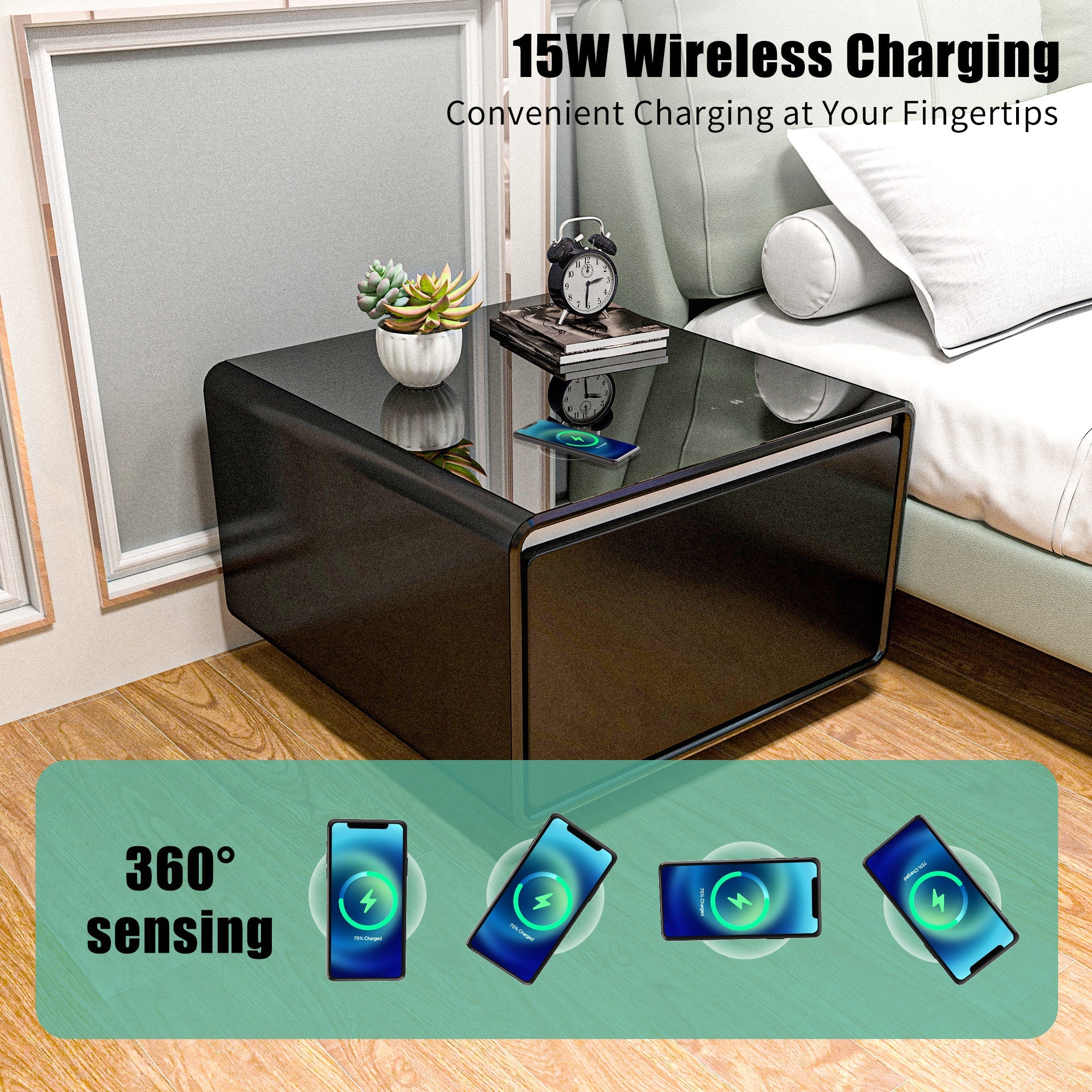 Modern Smart Side Table with Built-in Fridge, Wireless Charging, Temperature Control, Power Socket, USB Ports, Outlet Protection, Induction Light, Black 