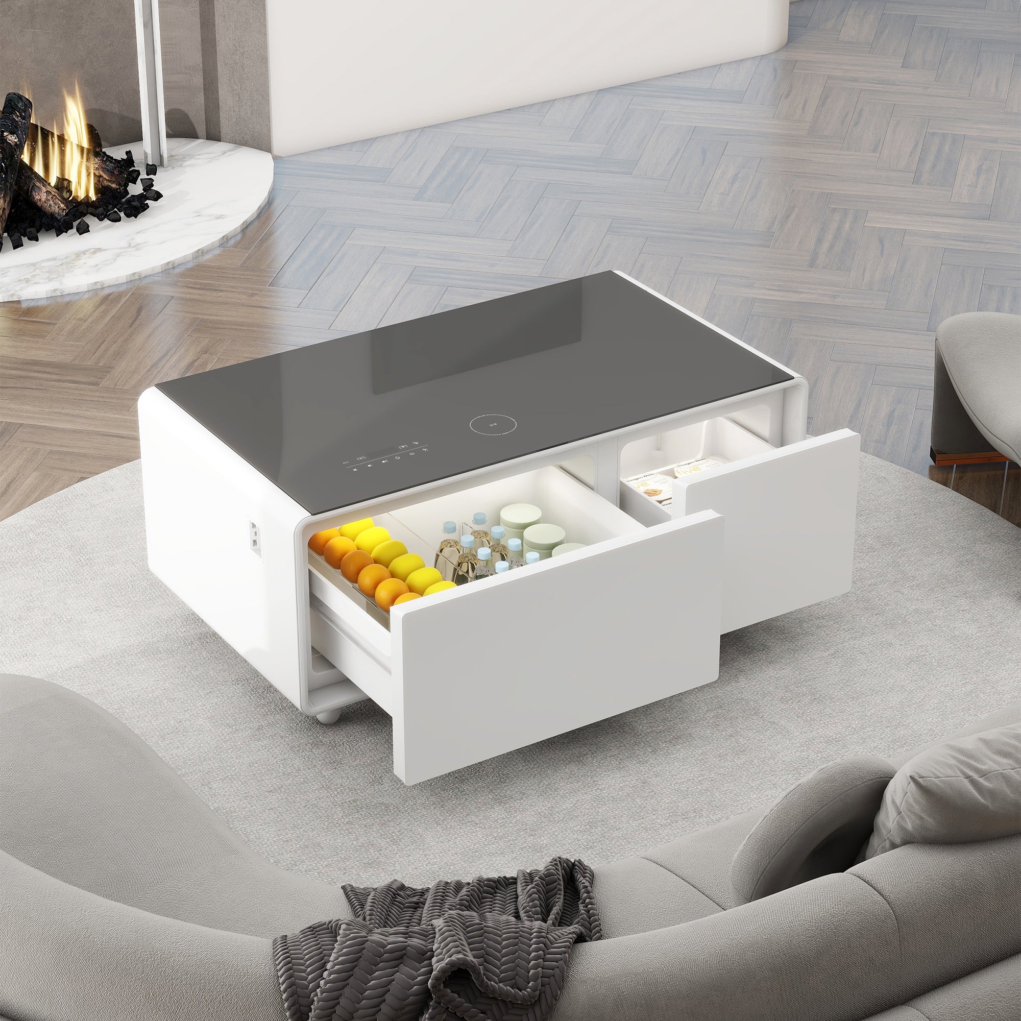 Modern Smart Coffee Table with Built-in Fridge, Bluetooth Speaker, Wireless Charging, Touch Control Panel, USB Ports, Outlet Protection, Atmosphere light, White 