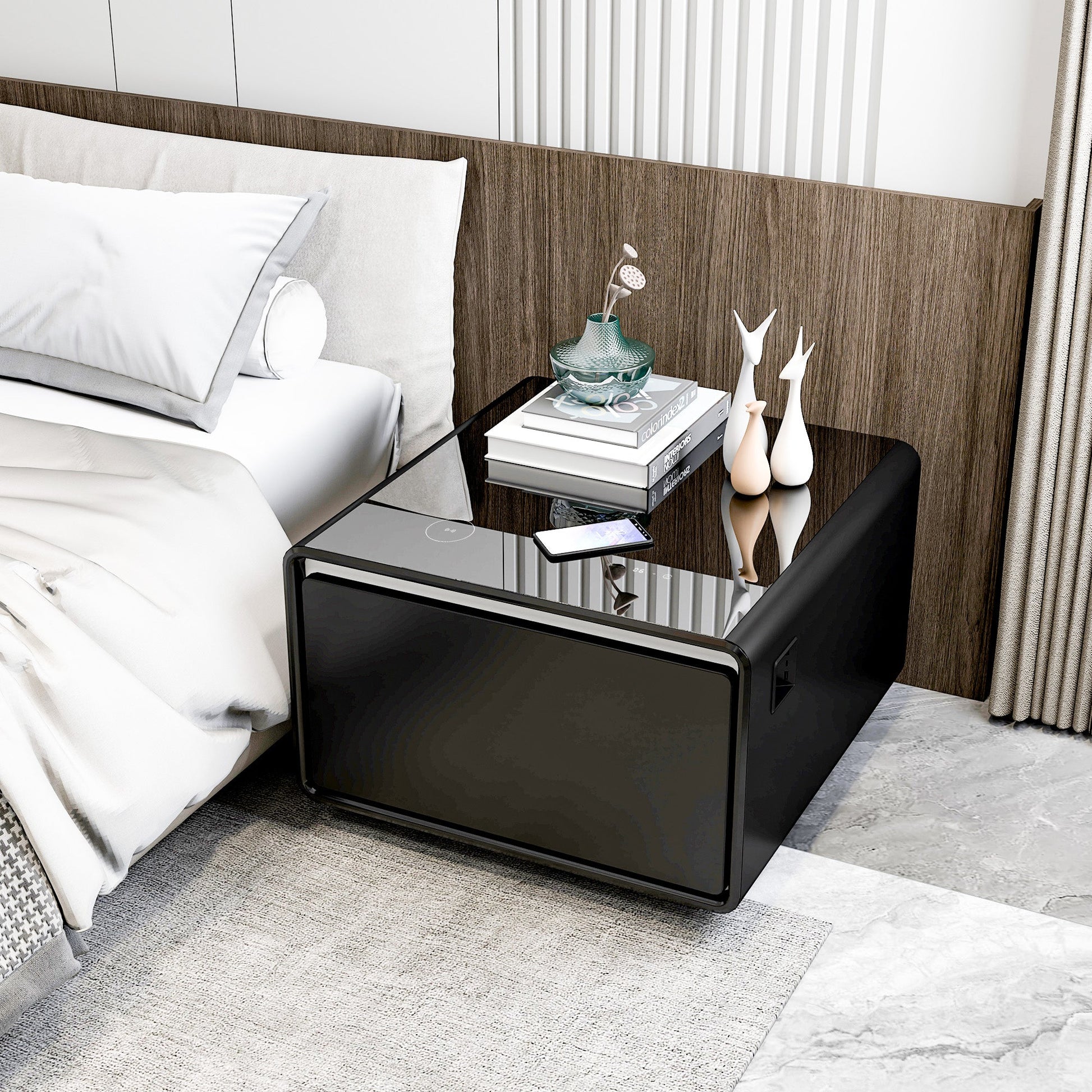 Modern Smart Side Table with Built-in Fridge, Wireless Charging, Temperature Control, Power Socket, USB Ports, Outlet Protection, Induction Light, Black 